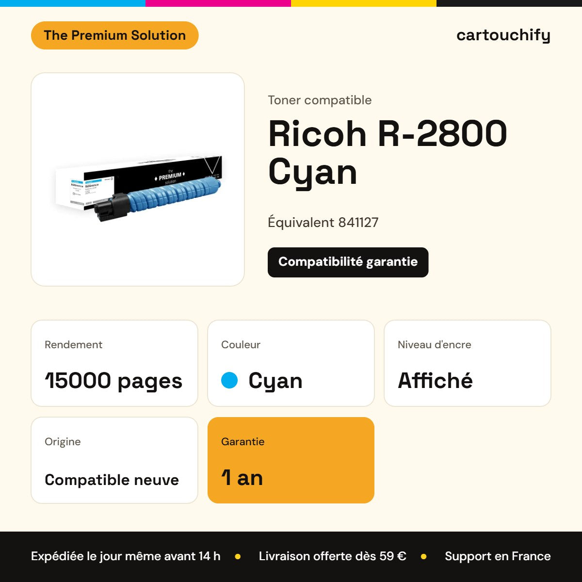 Ricoh R-2800 Toner Cyan compatible équivalent à 841127 : caractéristiques