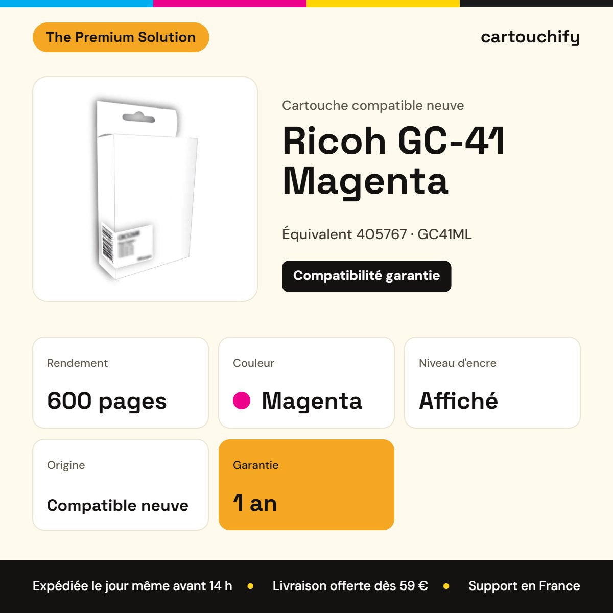 Ricoh GC-41 Cartouche Magenta compatible équivalent à 405767, GC41ML : caractéristiques