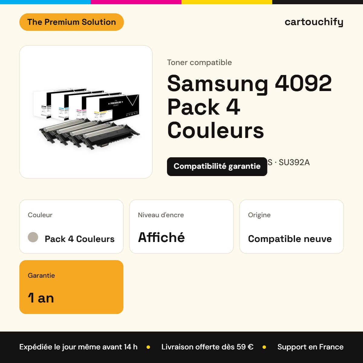 Samsung 4092 Toner Pack 4 Couleurs compatible équivalent à CLP-4092CELS, SU392A : caractéristiques