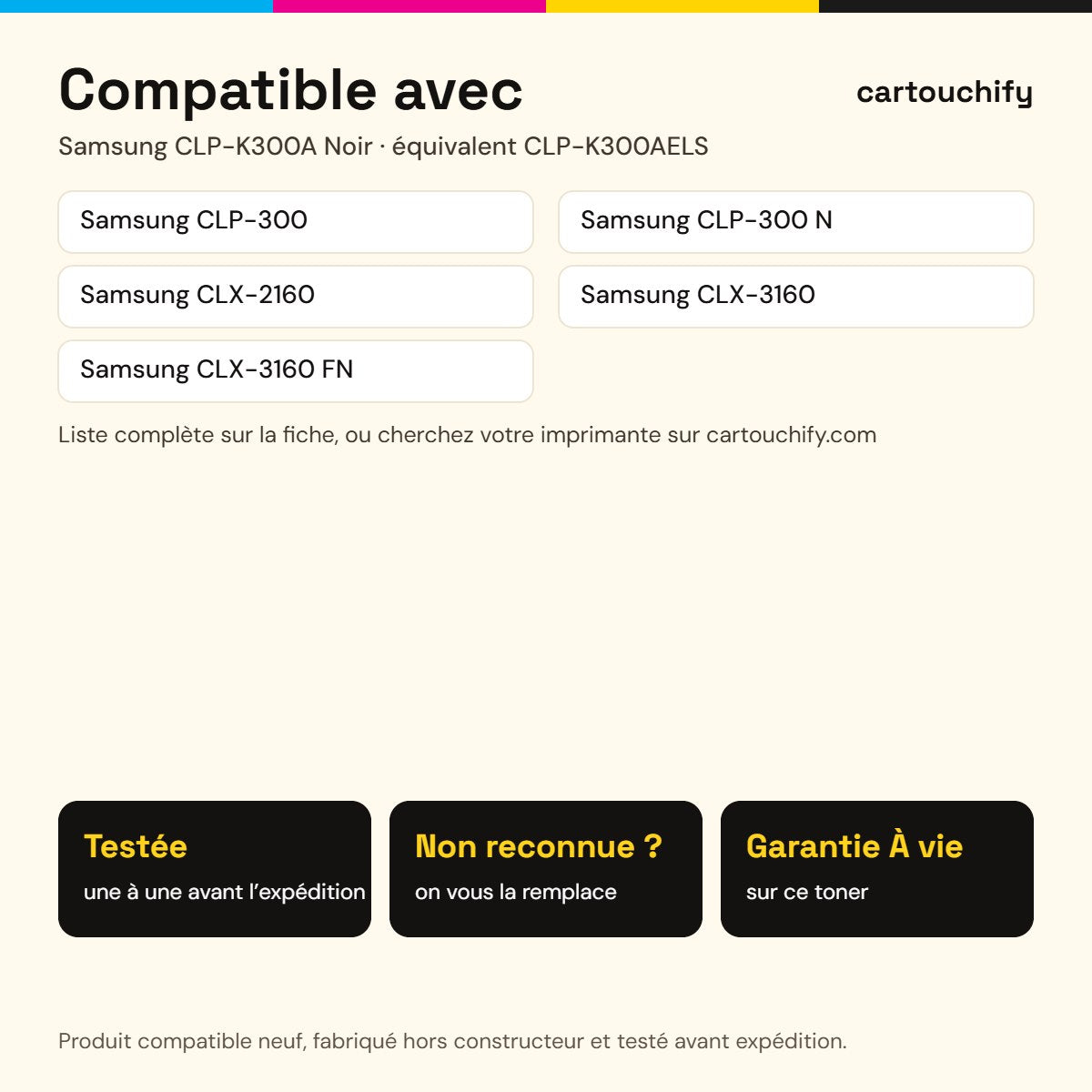 Imprimantes compatibles avec Samsung CLP-K300A Toner Noir compatible équivalent à CLP-K300AELS · Switch