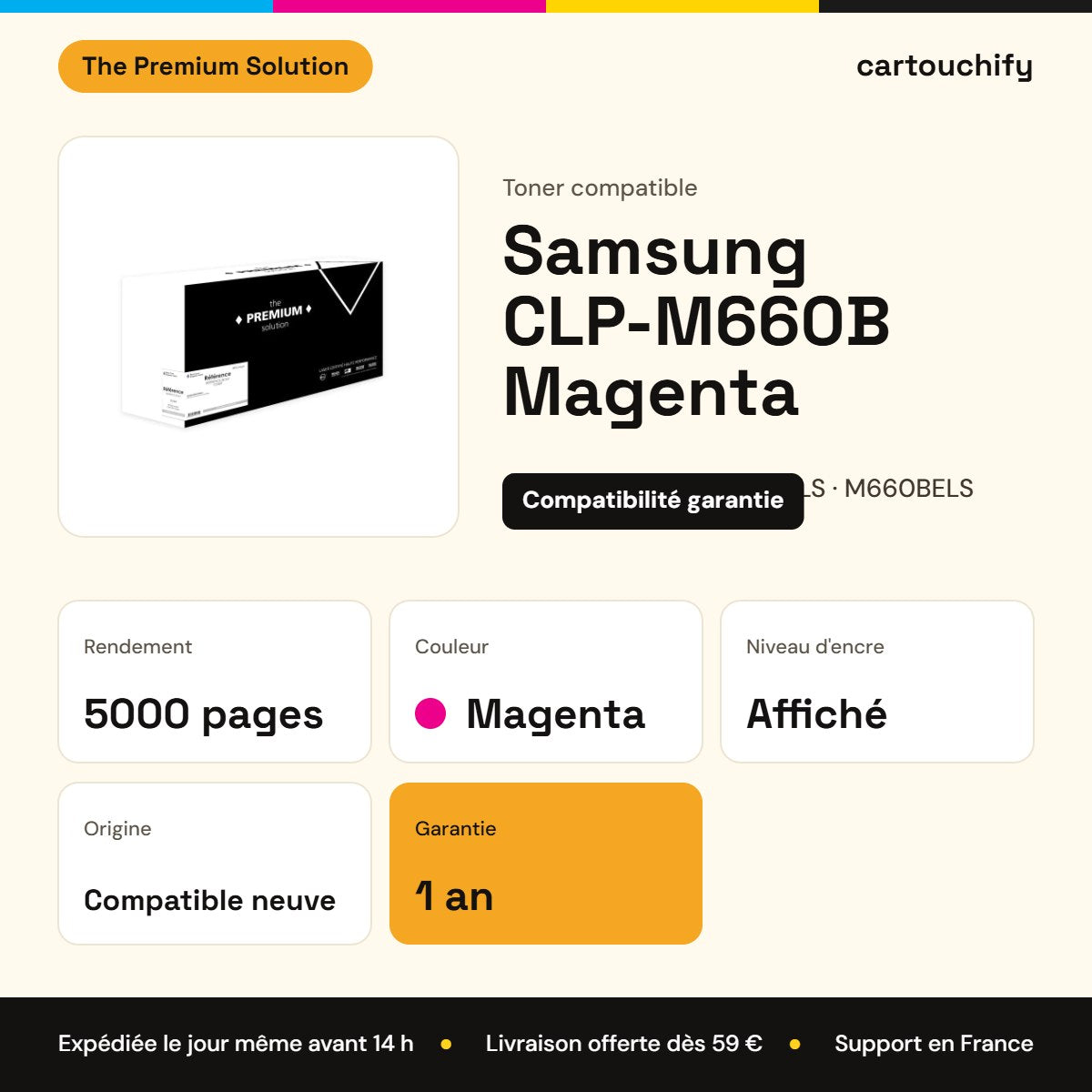 Samsung CLP-M660B Toner Magenta compatible équivalent à CLP-M660AELS, M660BELS : caractéristiques