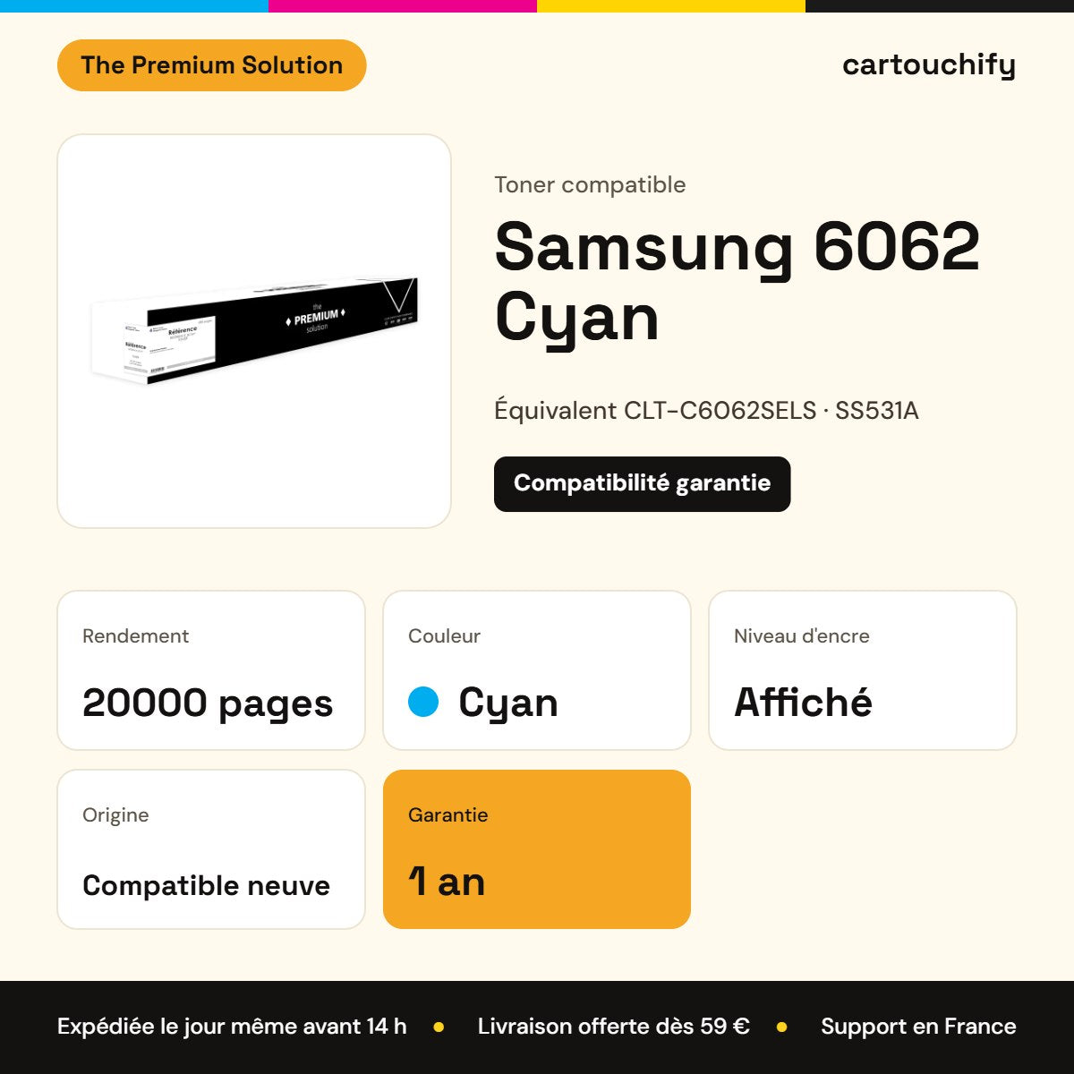 Samsung 6062 Toner Cyan compatible équivalent à CLT-C6062SELS, SS531A : caractéristiques