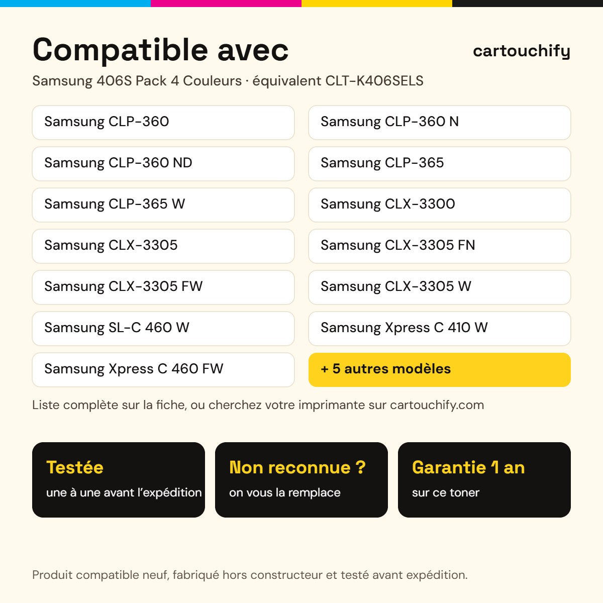 Imprimantes compatibles avec Samsung 406S Toner Pack 4 Couleurs compatible équivalent à CLT-K406SELS, C406SEL, M406SELS