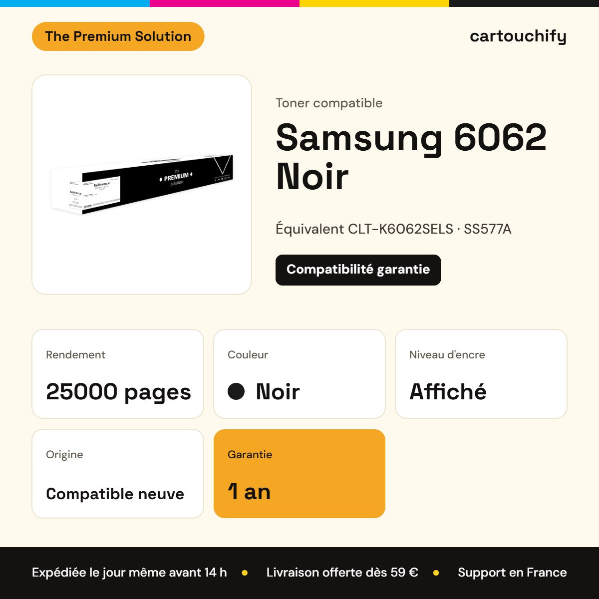 Samsung 6062 Toner Noir compatible équivalent à CLT-K6062SELS, SS577A : caractéristiques