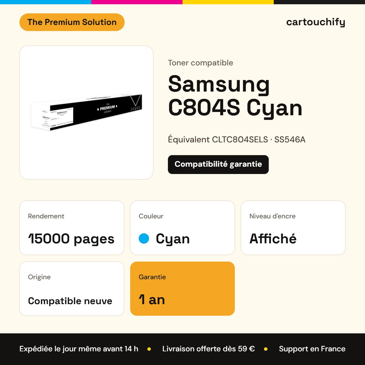 Samsung C804S Toner Cyan compatible équivalent à CLTC804SELS, SS546A, C804 : caractéristiques