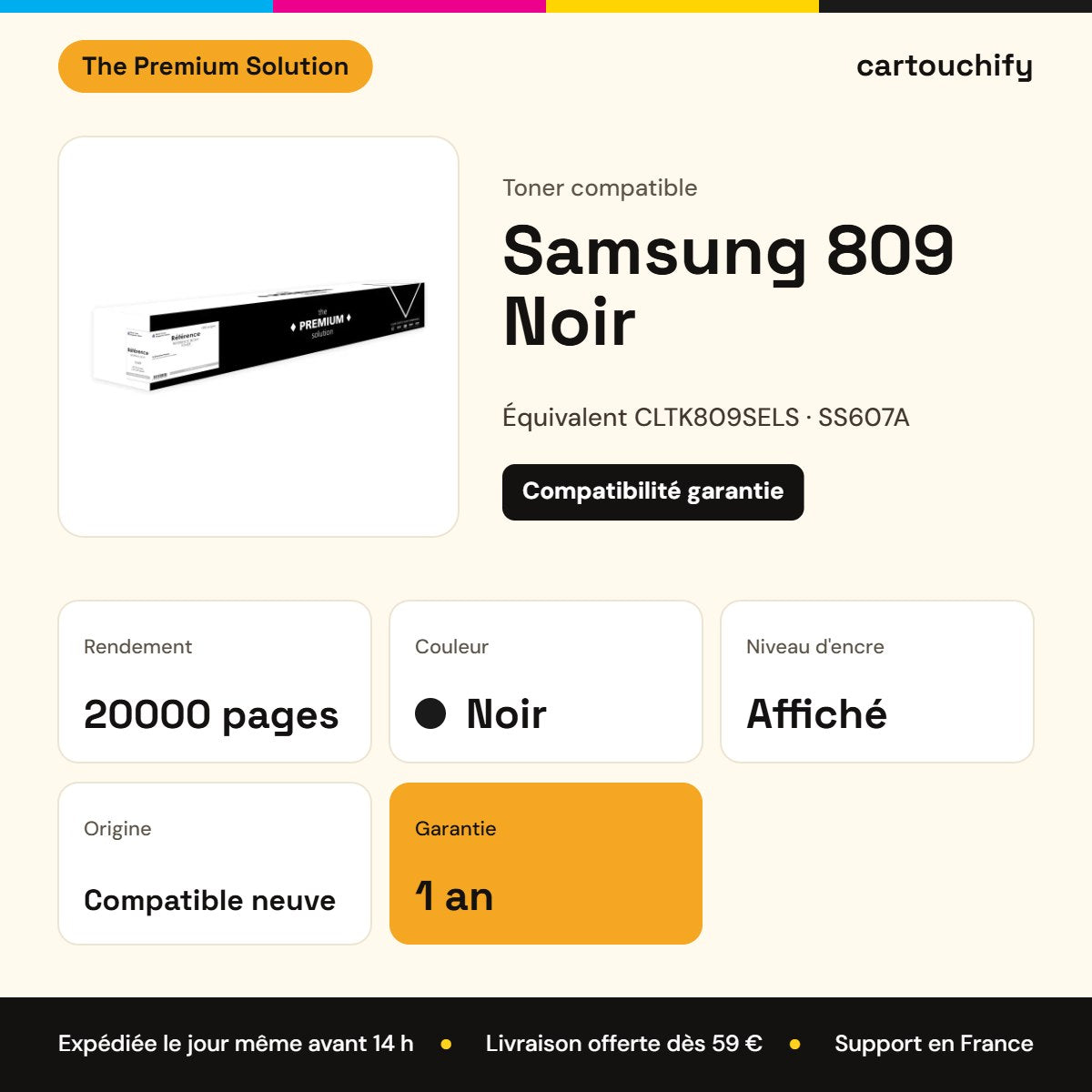 Samsung 809 Toner Noir compatible équivalent à CLTK809SELS, SS607A : caractéristiques