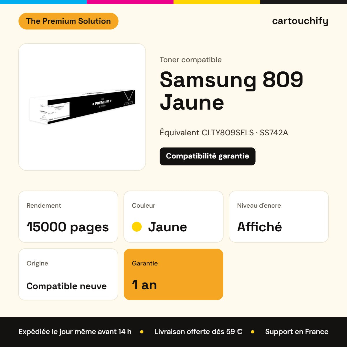 Samsung 809 Toner Jaune compatible équivalent à CLTY809SELS, SS742A : caractéristiques