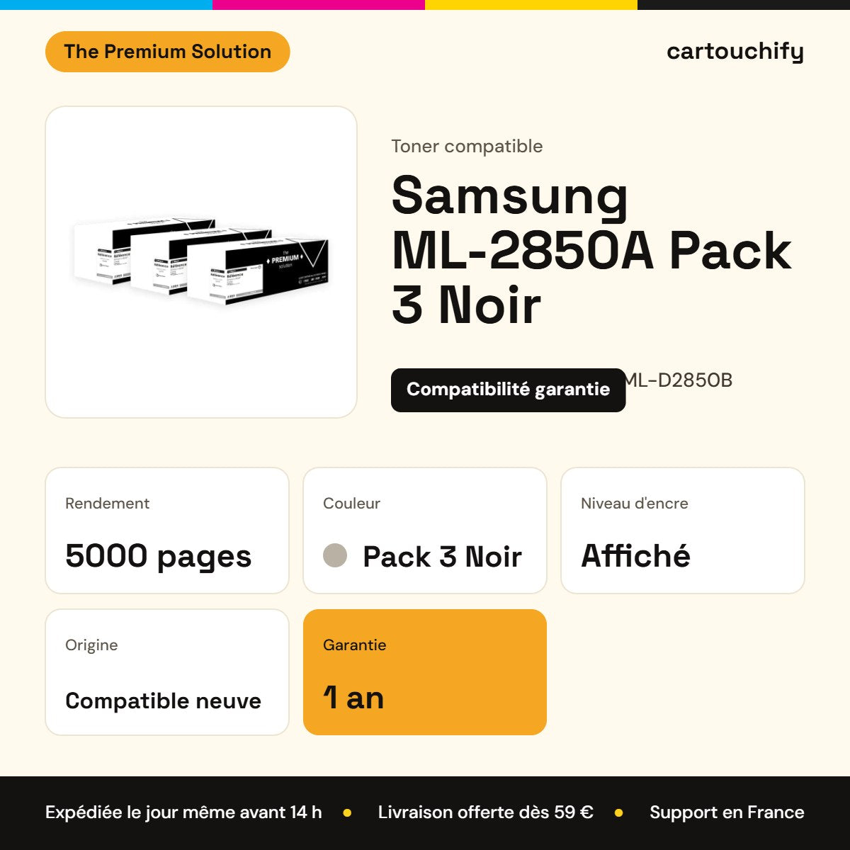 Samsung ML-2850A Toner Pack 3 Noir compatible équivalent à ML-D2850A, ML-D2850B, ML-D2850BELS : caractéristiques