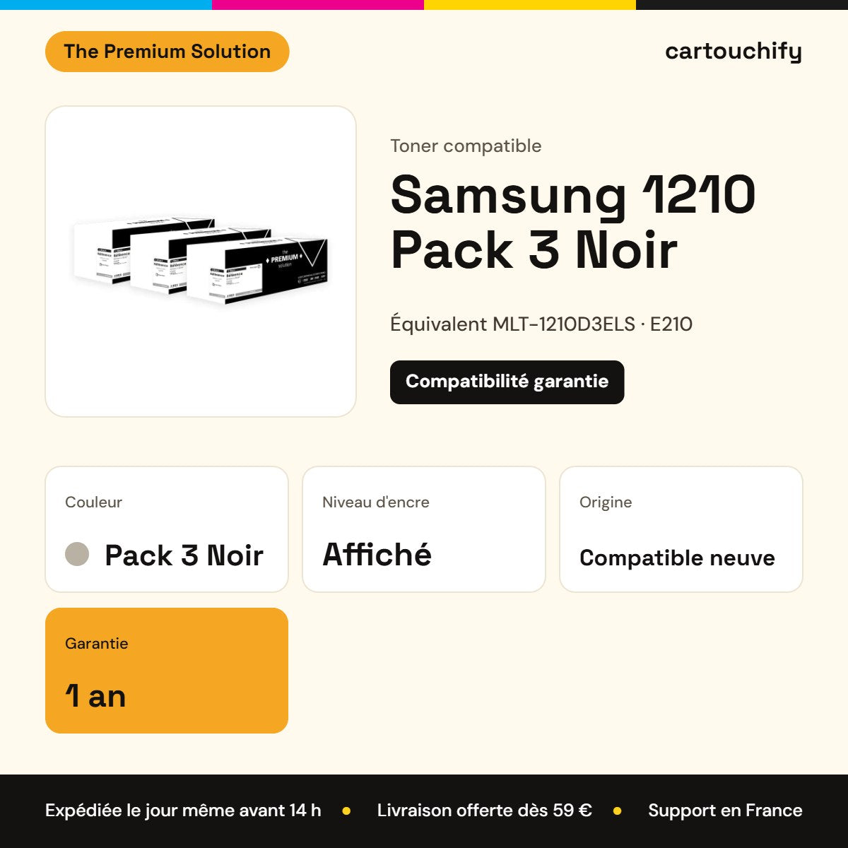 Samsung 1210 Toner Pack 3 Noir compatible équivalent à MLT-1210D3ELS, E210, 10S0150 : caractéristiques