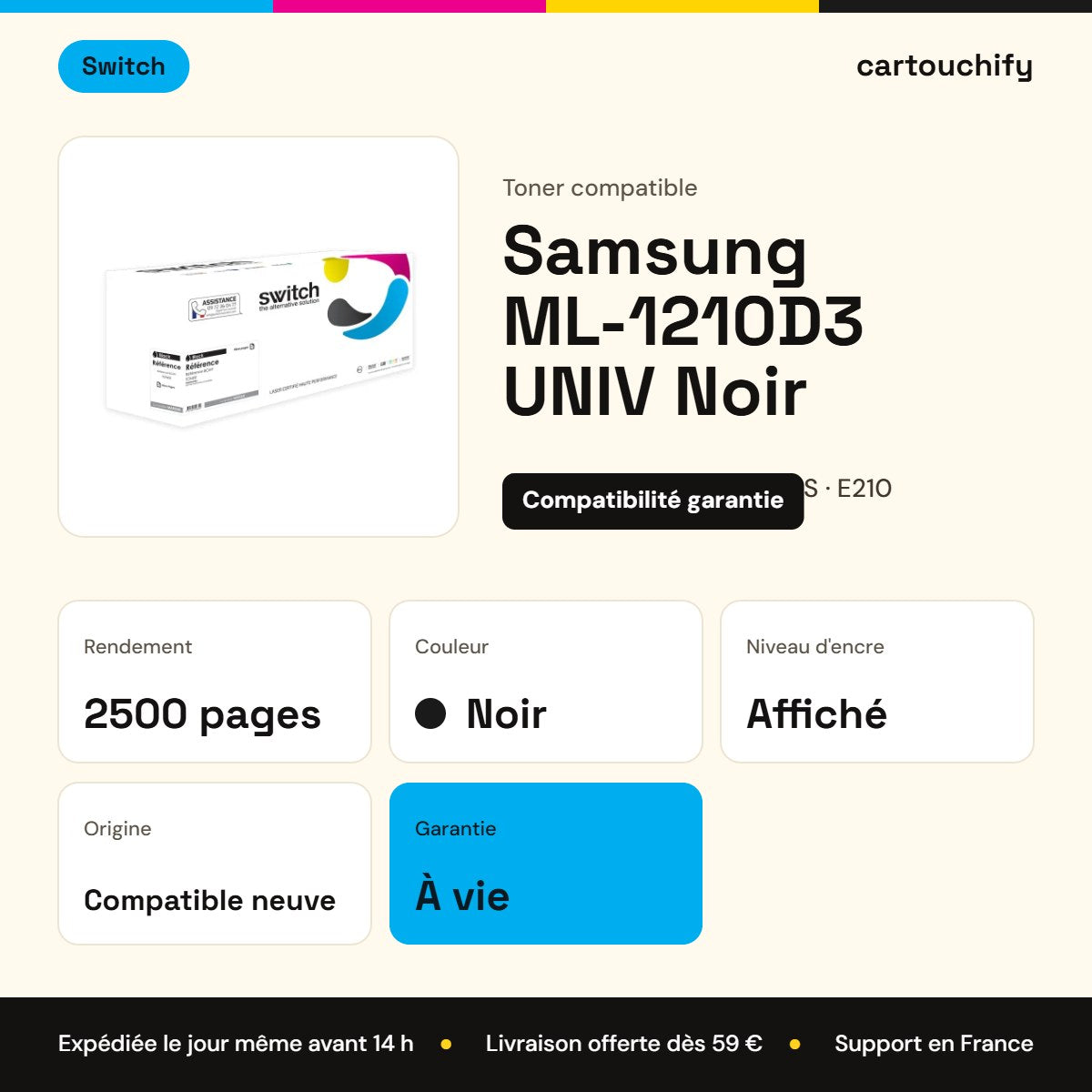 Samsung ML-1210D3 UNIV Toner Noir compatible équivalent à MLT-1210D3ELS, E210, 10S0150 · Switch : caractéristiques