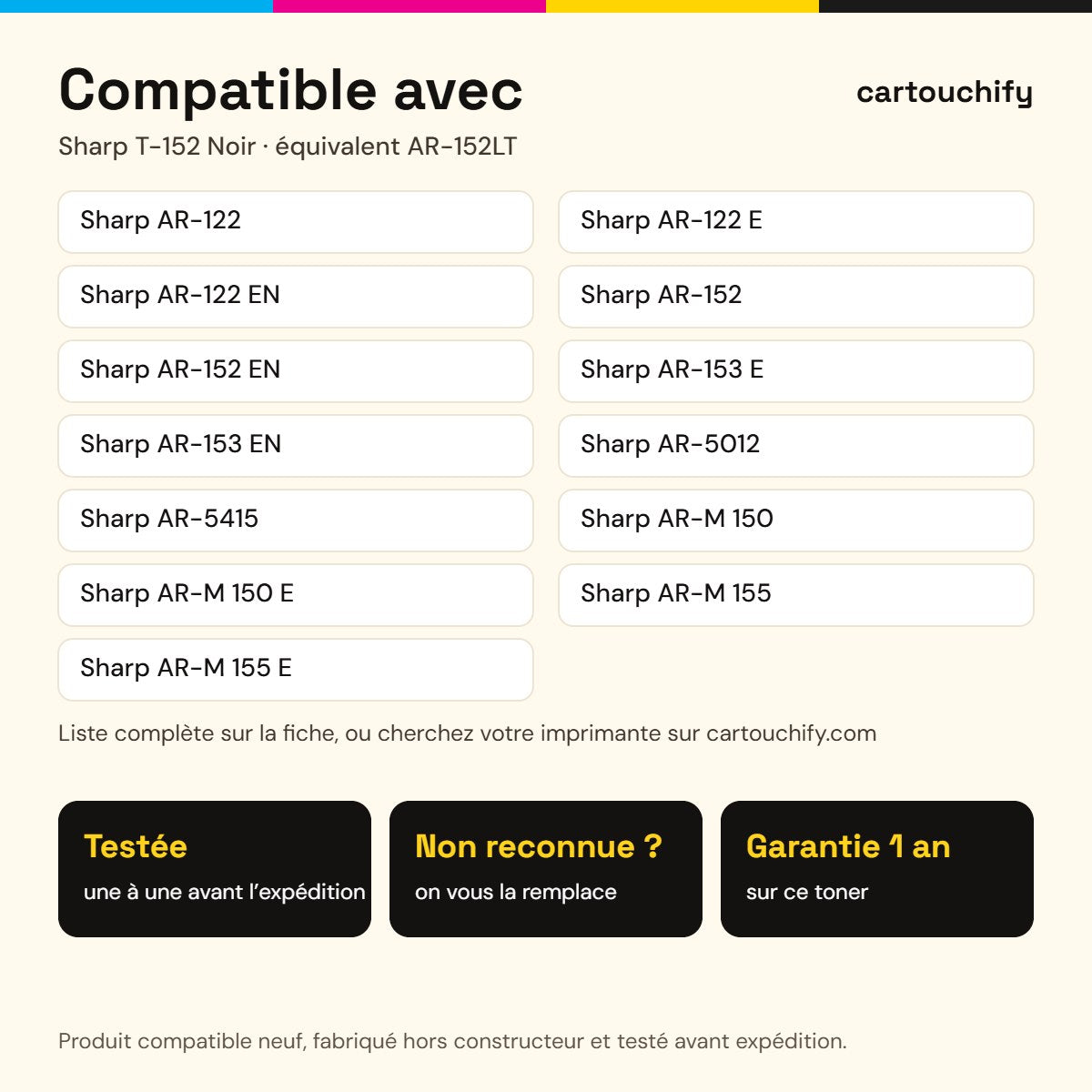 Imprimantes compatibles avec Sharp T-152 Toner Noir compatible équivalent à AR-152LT, AR-152T, AR-168LT