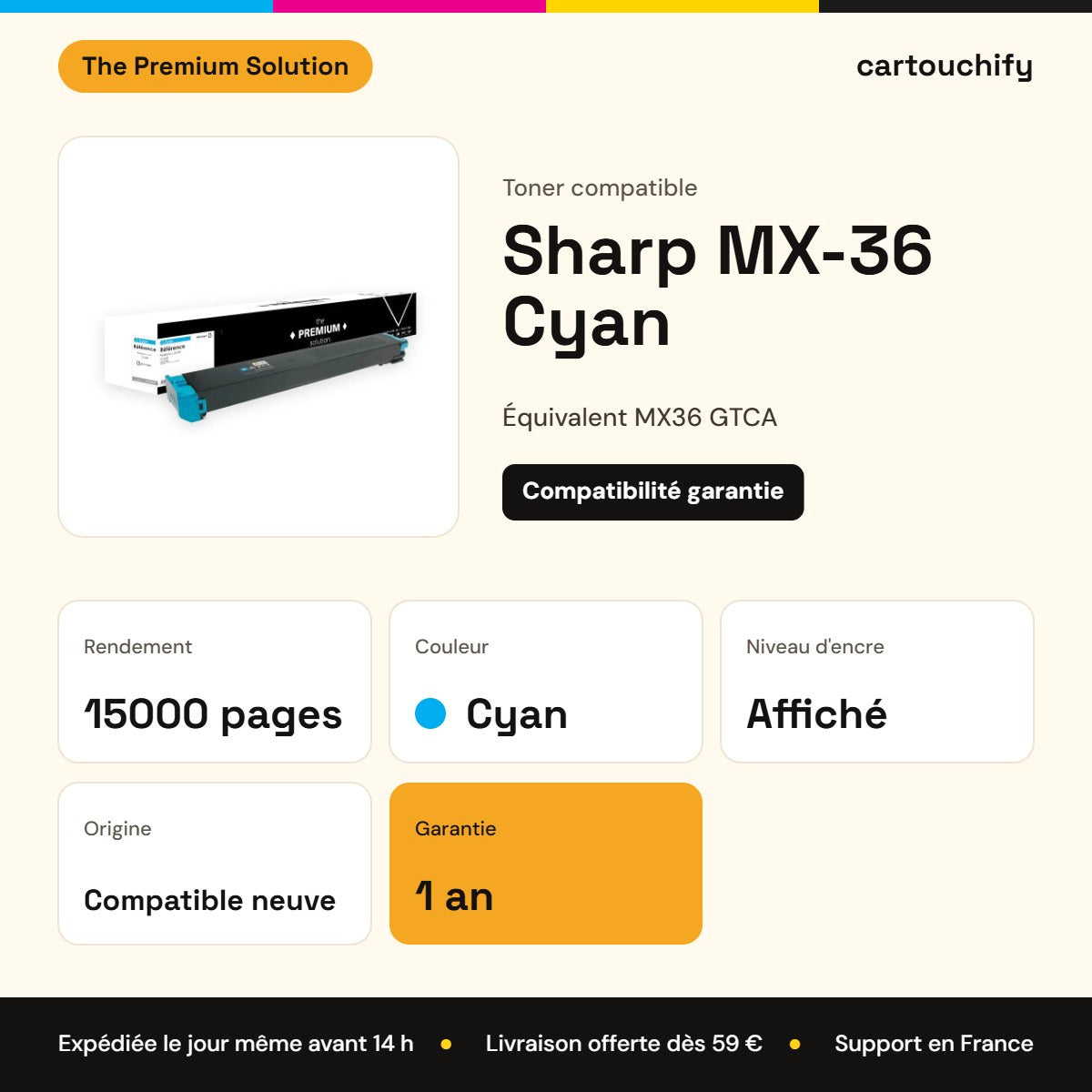Sharp MX-36 Toner Cyan compatible équivalent à MX36 GTCA : caractéristiques