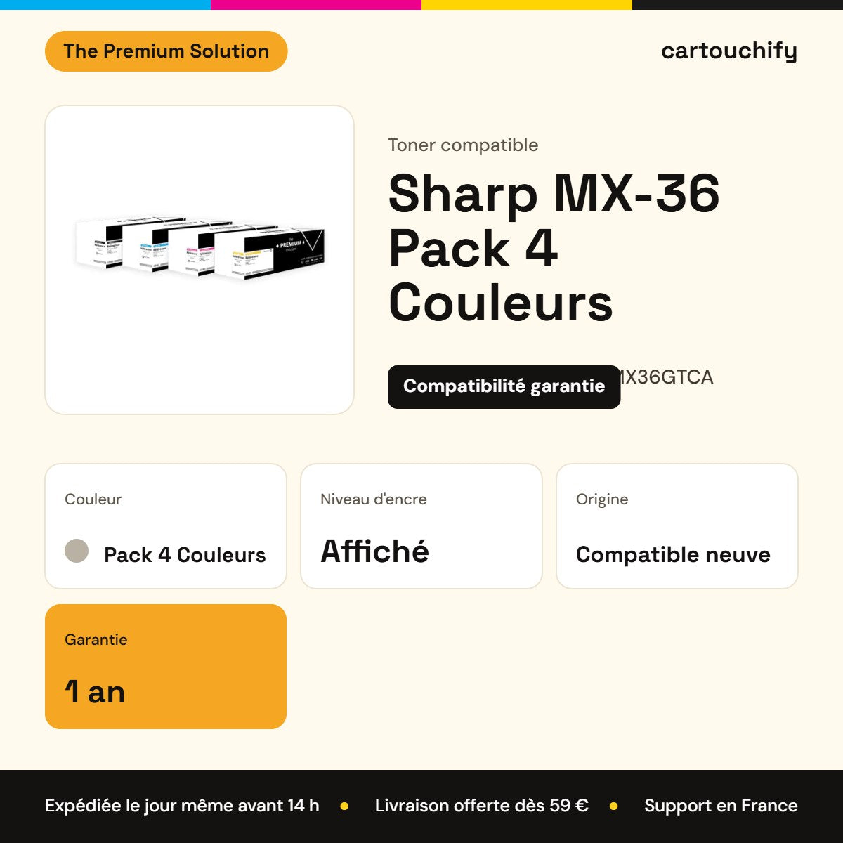 Sharp MX-36 Toner Pack 4 Couleurs compatible équivalent à MX36GTBA, MX36GTCA, MX36GTMA : caractéristiques