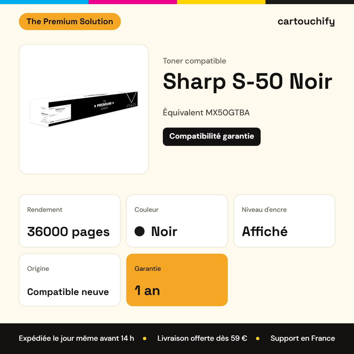 Sharp S-50 Toner Noir compatible équivalent à MX50GTBA : caractéristiques