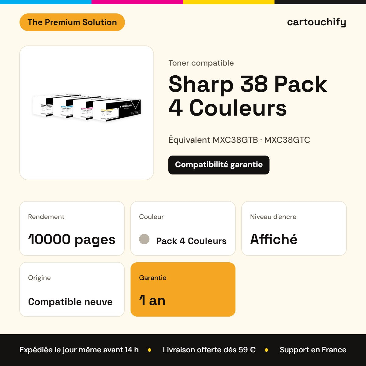 Sharp 38 Toner Pack 4 Couleurs compatible équivalent à MXC38GTB, MXC38GTC, MXC38GTM : caractéristiques