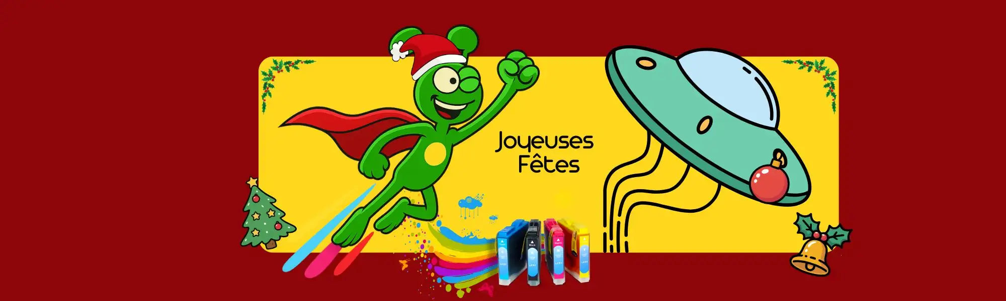 Super-héros de dessin animé vert portant un bonnet de Père Noël rouge et une cape, volant avec des traînées arc-en-ciel derrière lui.