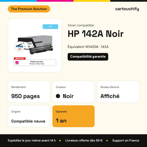 HP 142A Noir The Premium Solution : rendement 950 pages, garantie 1 an