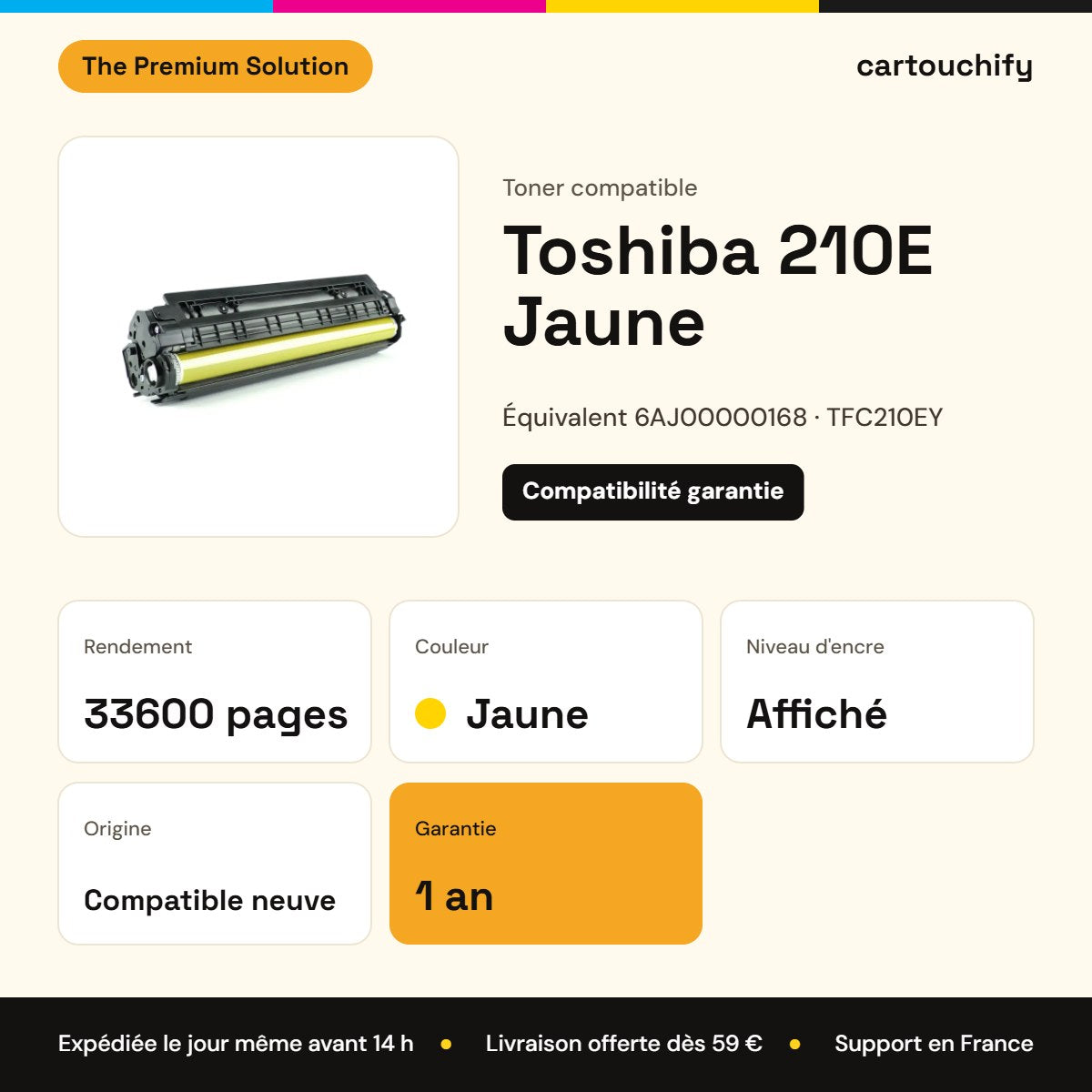 Toshiba 210E Toner Jaune compatible équivalent à 6AJ00000168, TFC210EY : caractéristiques