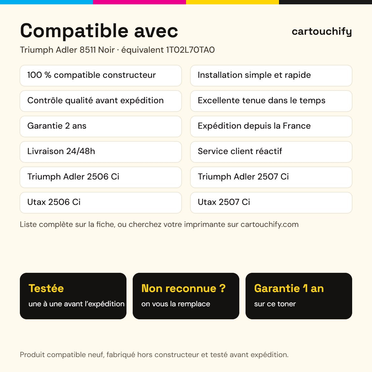 Imprimantes compatibles avec Triumph Adler 8511 Toner Noir compatible équivalent à 1T02L70TA0, CK-8511 K