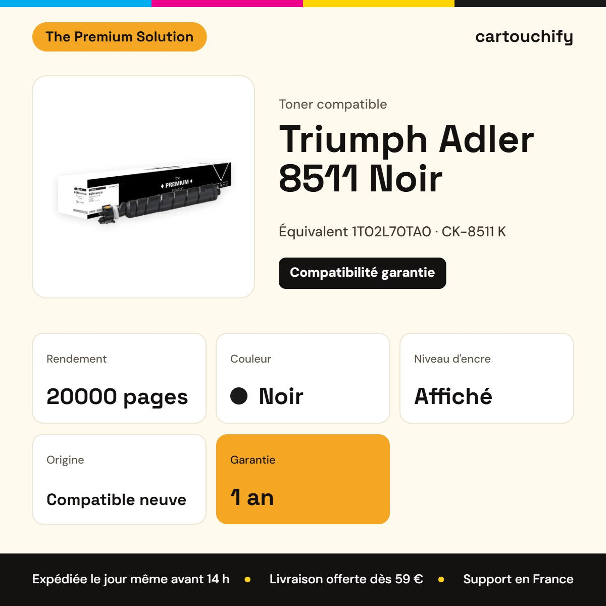 Triumph Adler 8511 Toner Noir compatible équivalent à 1T02L70TA0, CK-8511 K : caractéristiques