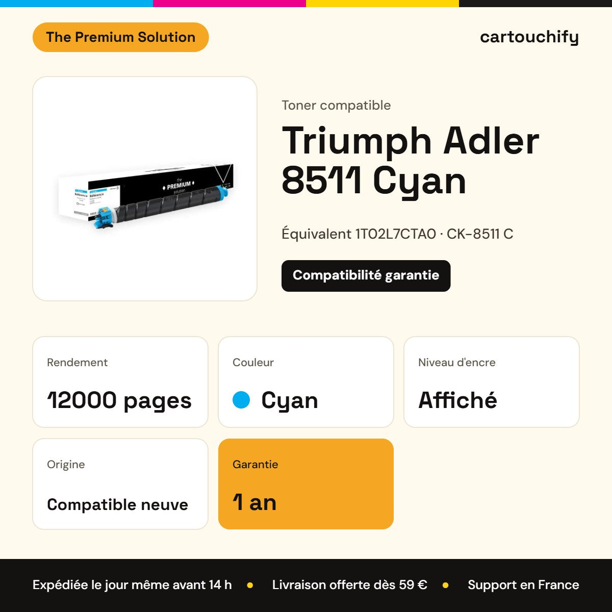 Triumph Adler 8511 Toner Cyan compatible équivalent à 1T02L7CTA0, CK-8511 C : caractéristiques