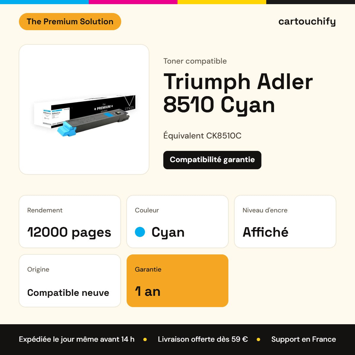 Triumph Adler 8510 Toner Cyan compatible équivalent à 662511011, CK8510C : caractéristiques