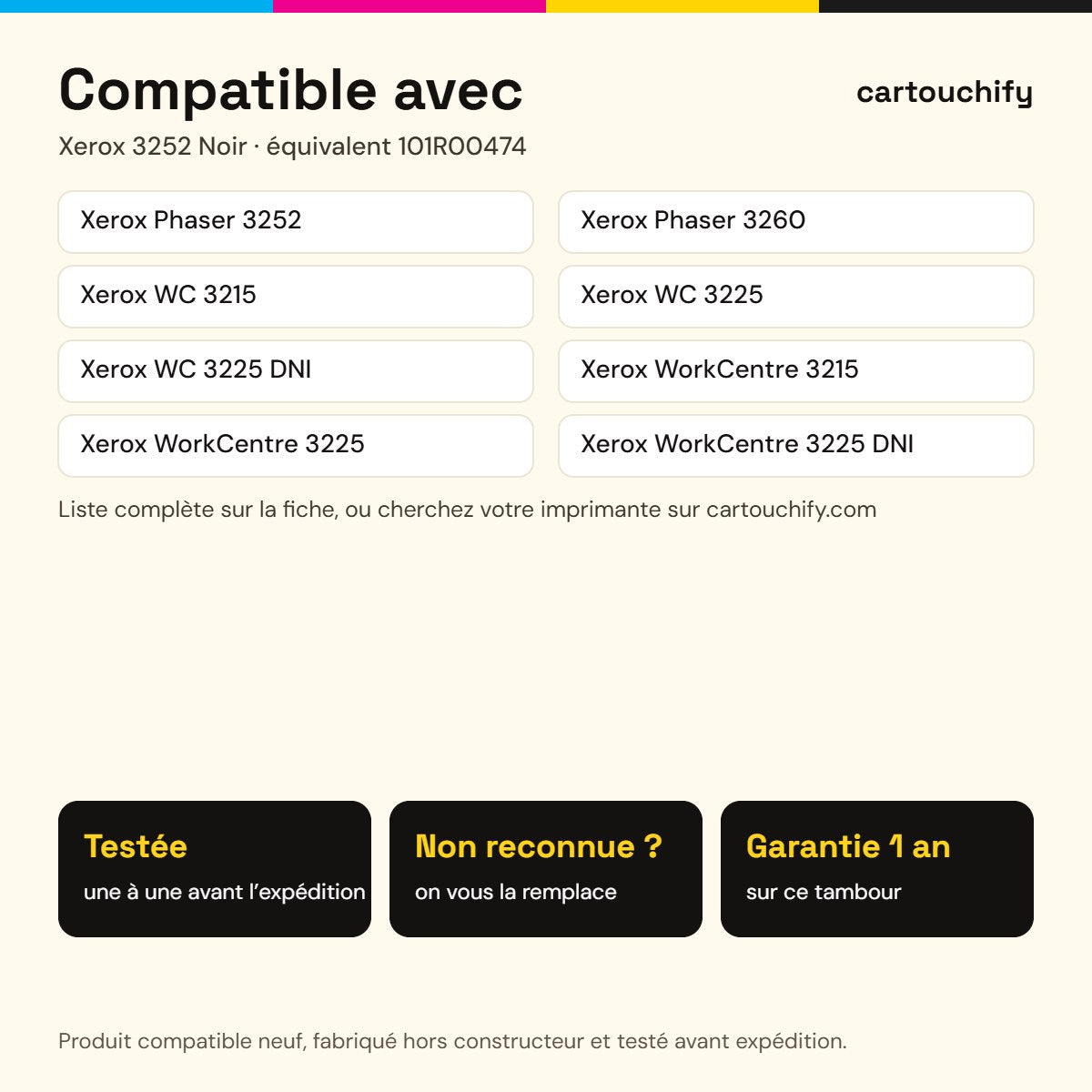 Imprimantes compatibles avec Xerox 3252 Tambour Noir compatible équivalent à 101R00474