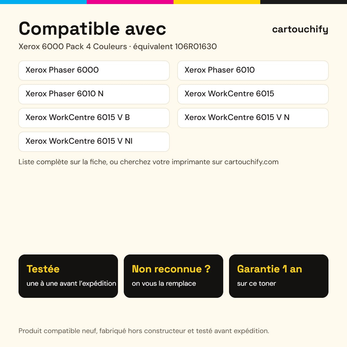 Imprimantes compatibles avec Xerox 6000 Toner Pack 4 Couleurs compatible équivalent à 106R01630, 106R01627, 106R01628