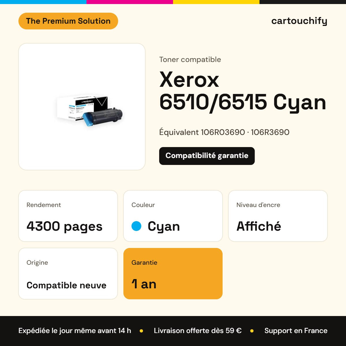 Xerox 6510/6515 Toner Cyan compatible équivalent à 106R03690, 106R3690 : caractéristiques