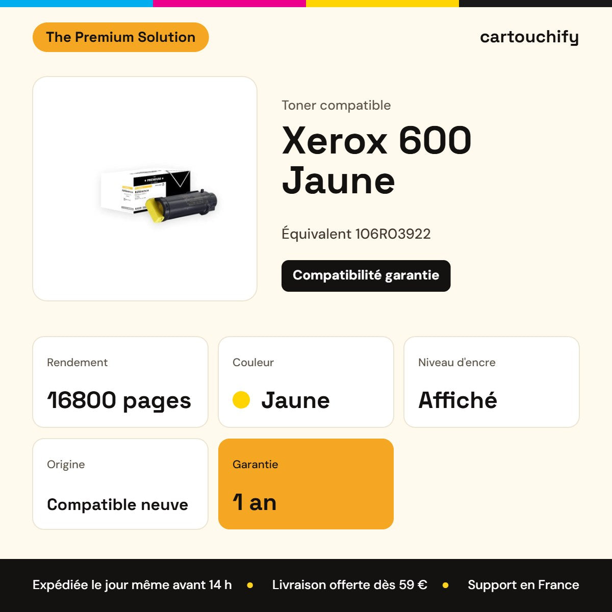 Xerox 600 Toner Jaune compatible équivalent à 106R03922 : caractéristiques