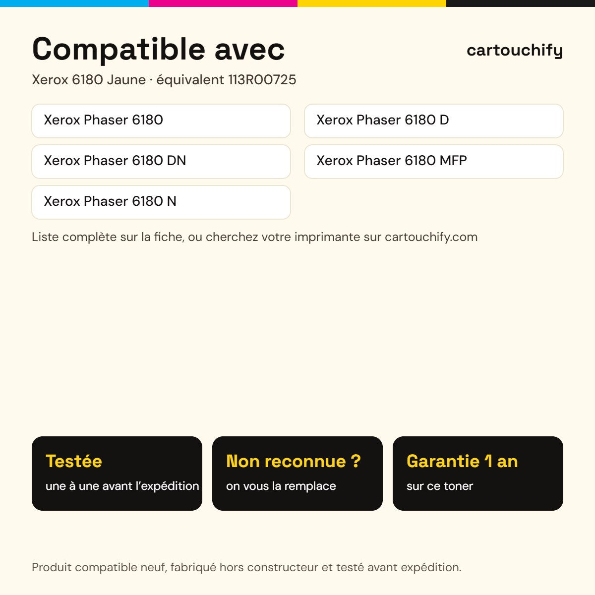 Imprimantes compatibles avec Xerox 6180 Toner Jaune compatible équivalent à 113R00725